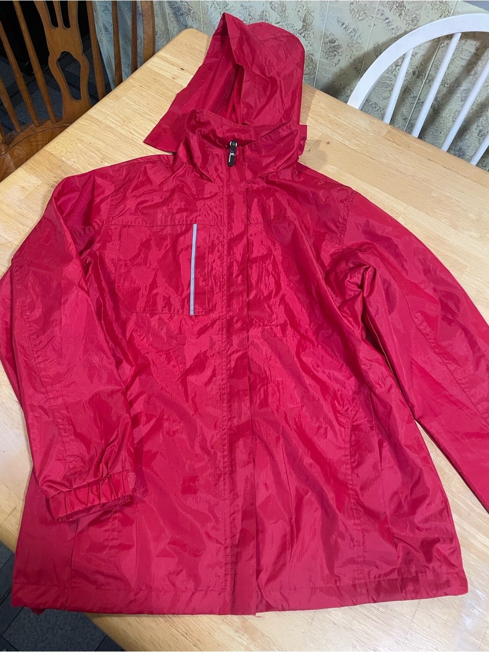 Red Hooded Lightweight Rain Jacket full zip front bright for running